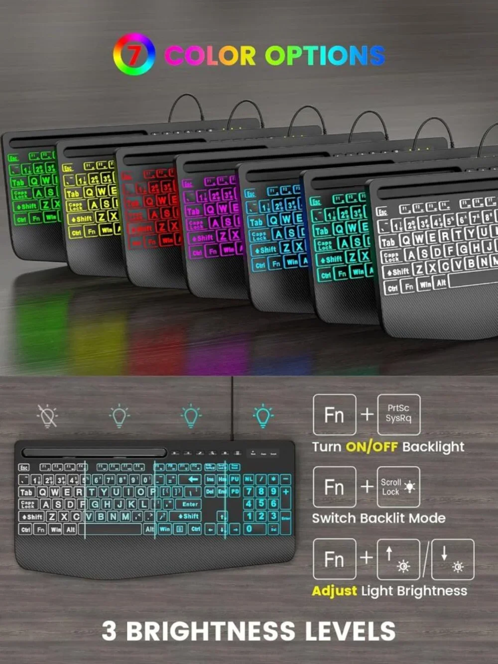 Large Print Backlit Wired USB Keyboard with 7-Color Lights & Wrist Rest - Easy